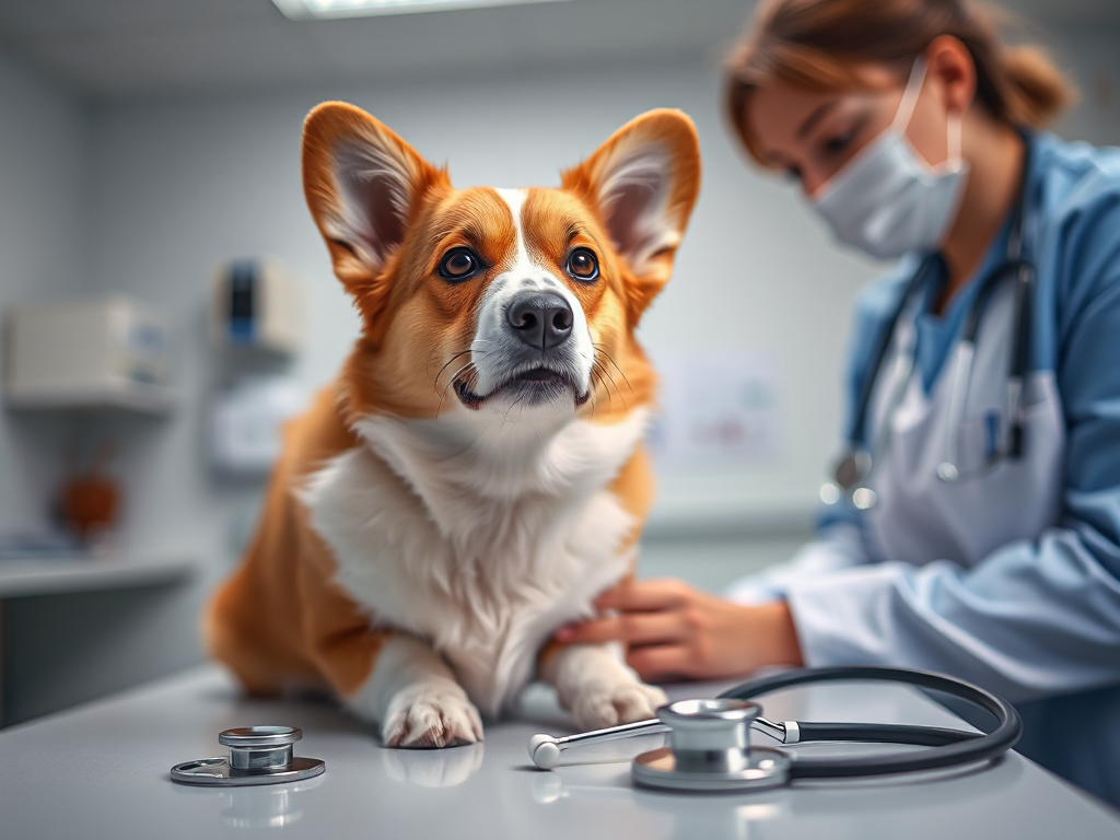 A Welsh Corgi being examined by a veterinarian in a clinic, highlighting common health issues that drive pet insurance costs for this breed.