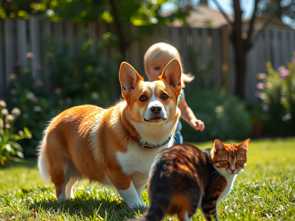 A Welsh Corgi calmly guiding a child and a cat across a grassy yard, demonstrating safe herding instincts with kids and other pets. A Welsh Corgi calmly guiding a child and a cat across a grassy yard, demonstrating safe herding instincts with kids and other pets.