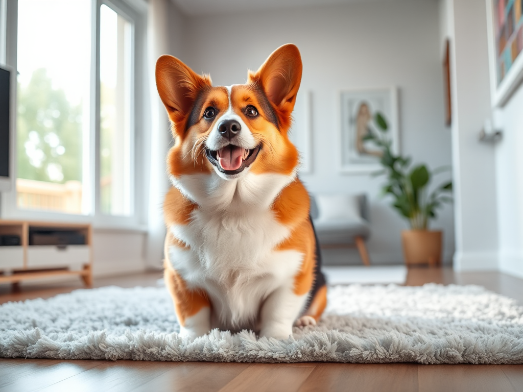 A Welsh Corgi comfortably relaxed on a rug inside a sunny apartment living room, gazing out a window.