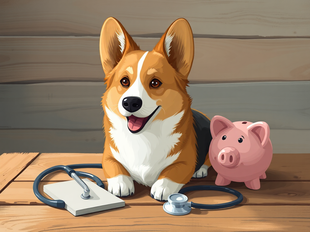 A Welsh Corgi dog positioned beside a veterinarian's stethoscope and a savings piggy bank on a rustic table in a well-lit room, related to pet insurance for Welsh Corgis.