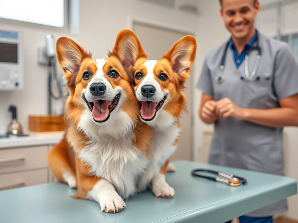 A Welsh Corgi dog with a veterinarian in a veterinary clinic examination room, showing medical equipment and a consultation relevant to pet insurance for Welsh Corgis.