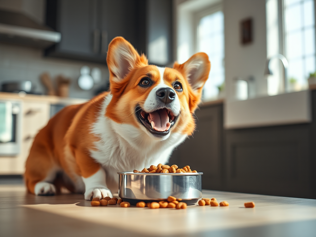 A Welsh Corgi enjoying a meal of vet-recommended dog food in a bright home kitchen, illustrating optimal nutrition for the breed.