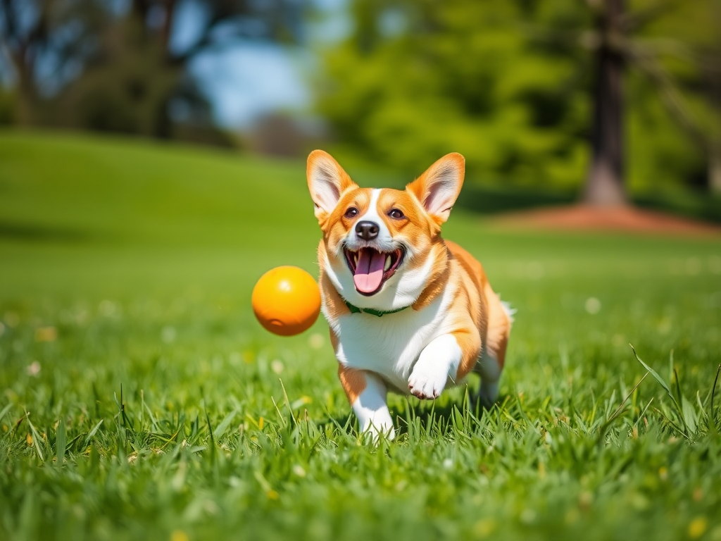 A Welsh Corgi gets daily exercise by playing fetch in a sunny park, demonstrating the activity needed per day.