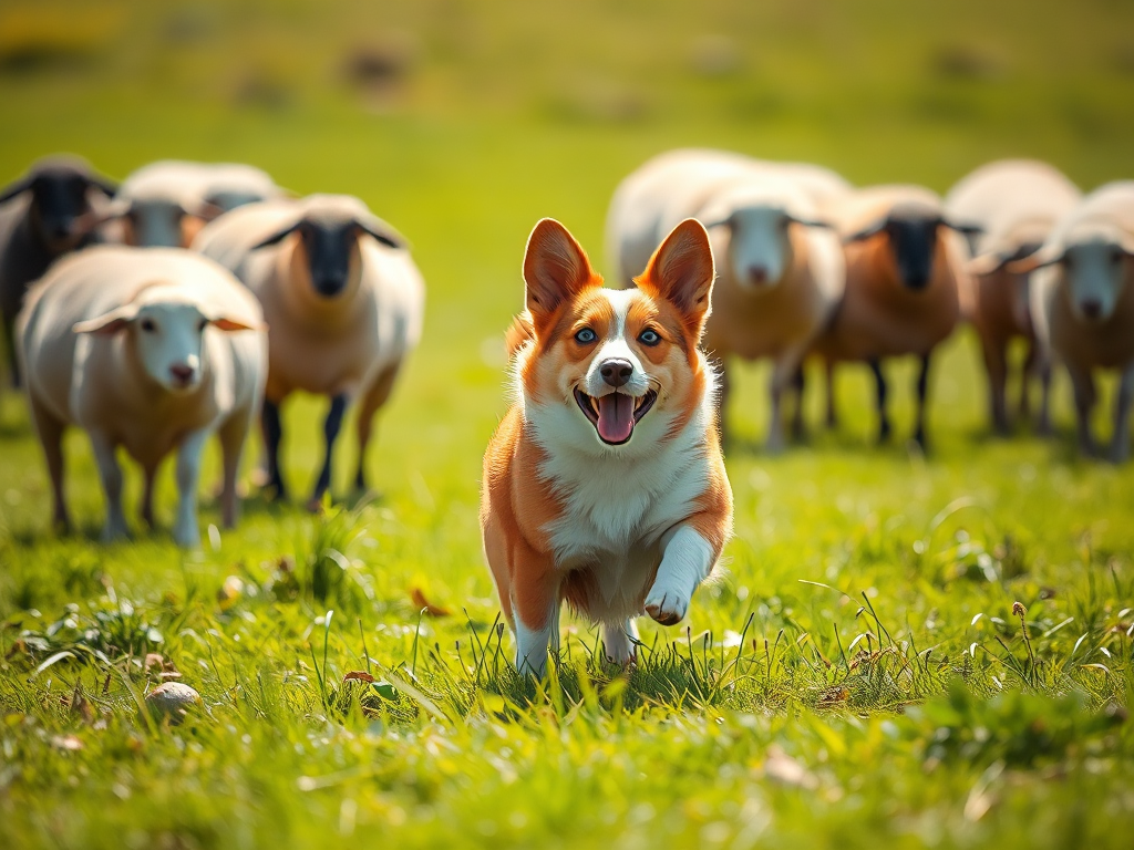 A Welsh Corgi herding sheep in a sunny field, exemplifying the breed's intelligent and energetic personality.