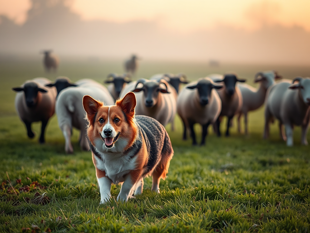 A Welsh Corgi herding sheep on a farm, showcasing its surprising herding instincts beyond the typical pet traits. A Welsh Corgi herding sheep on a farm, showcasing its surprising herding instincts beyond the typical pet traits.