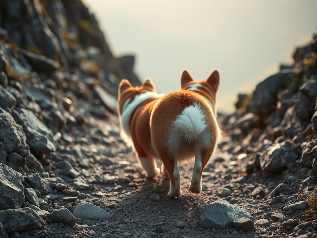 A Welsh Corgi hiking on a rugged trail, its short legs and long back prominently featured, illustrating physical limitations for the article "Are Welsh Corgis Good Hiking Dogs?". A Welsh Corgi hiking on a rugged trail, its short legs and long back prominently featured, illustrating physical limitations for the article "Are Welsh Corgis Good Hiking Dogs?".