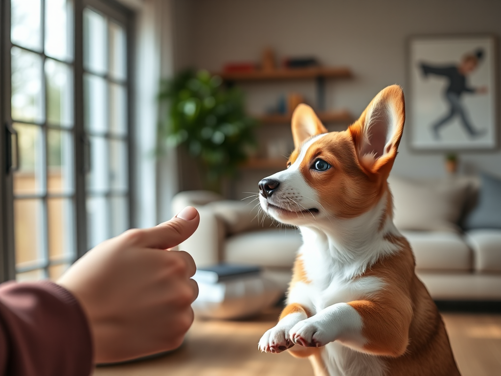 A Welsh Corgi learning obedience commands with a clicker during a positive reinforcement training session in a sunny living room, demonstrating trainability. A Welsh Corgi learning obedience commands with a clicker during a positive reinforcement training session in a sunny living room, demonstrating trainability.