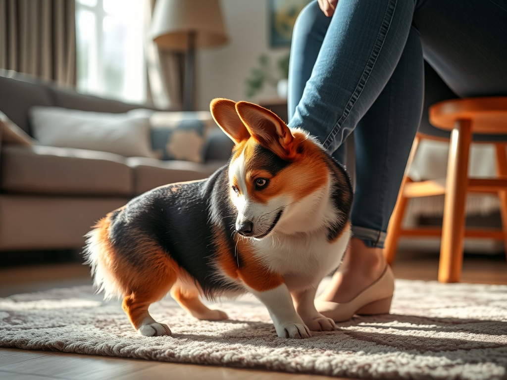A Welsh Corgi nipping at a person's moving ankles in a living room, demonstrating natural herding instinct behavior.