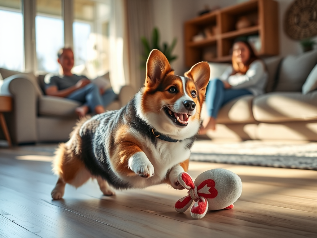 A Welsh Corgi playfully herding a plush toy in a bright living room while a person watches, capturing daily life with this energetic herding breed. A Welsh Corgi playfully herding a plush toy in a bright living room while a person watches, capturing daily life with this energetic herding breed.