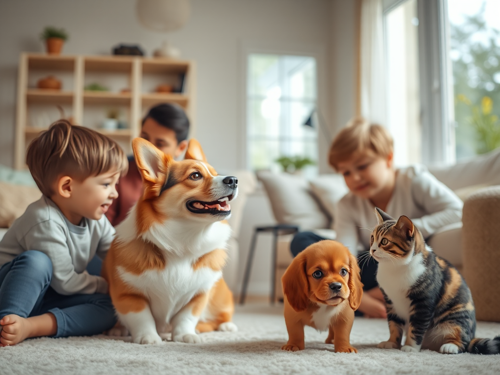 A Welsh Corgi playing gently with young children and a cat in a sunny living room while an adult supervises, depicting family pet interactions. A Welsh Corgi playing gently with young children and a cat in a sunny living room while an adult supervises, depicting family pet interactions.