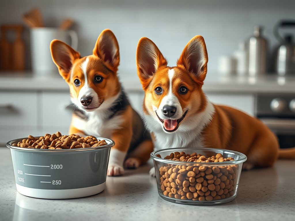A Welsh Corgi puppy and adult dog with separate measured food portions, illustrating how much to feed by age and weight in a home kitchen setting A Welsh Corgi puppy and adult dog with separate measured food portions, illustrating how much to feed by age and weight in a home kitchen setting