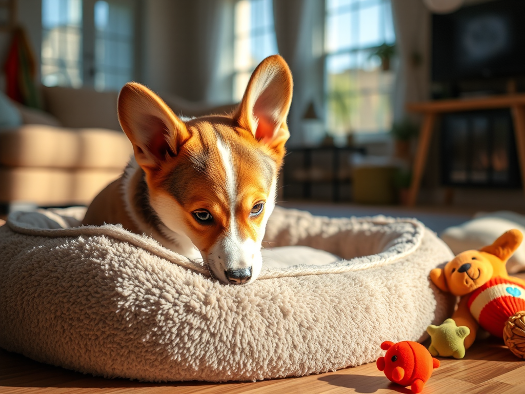 A Welsh Corgi puppy exploring a cozy home nursery with a soft bed and toys, soft natural lighting, photorealistic style A Welsh Corgi puppy exploring a cozy home nursery with a soft bed and toys, soft natural lighting, photorealistic style