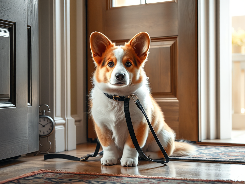 A Welsh Corgi puppy on a leash waiting by a front door with a wall clock, illustrating a first week home routine for a smooth transition. A Welsh Corgi puppy on a leash waiting by a front door with a wall clock, illustrating a first week home routine for a smooth transition.