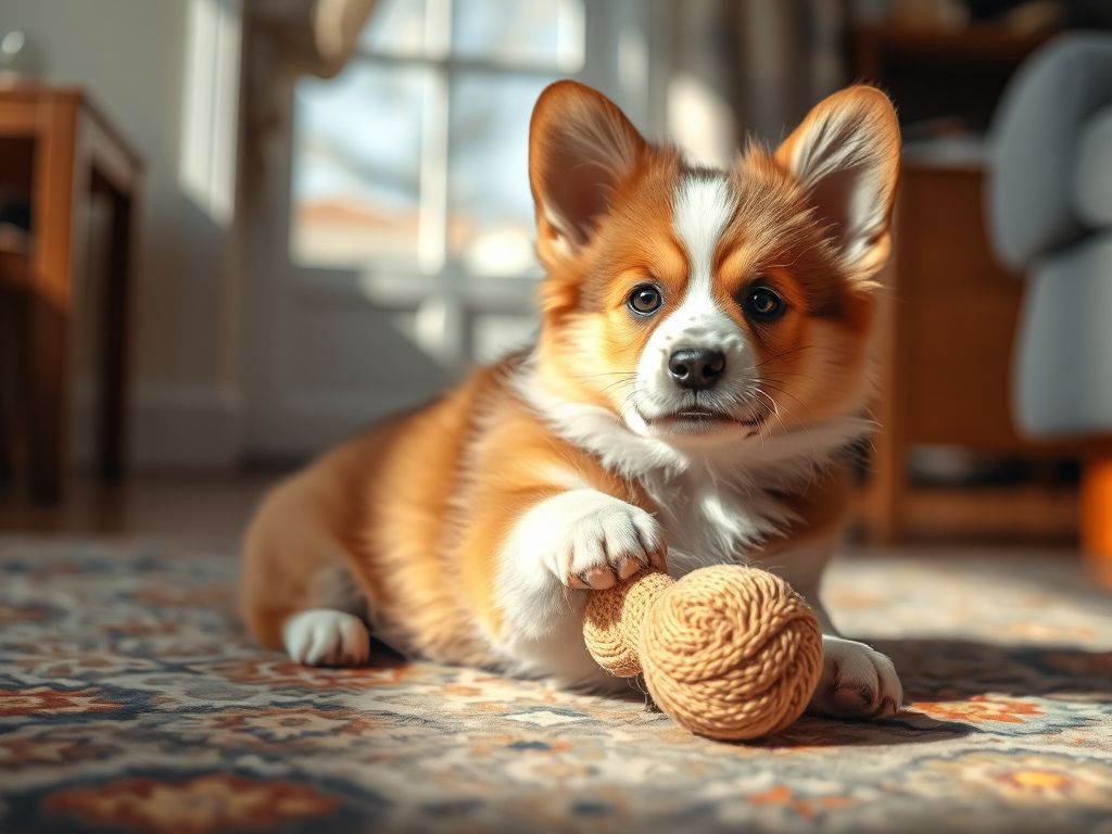 A Welsh Corgi puppy safely exercising indoors with a toy, demonstrating appropriate daily activity for young dogs in a secure home setting.