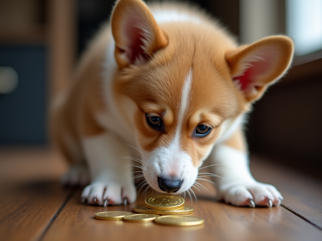 A Welsh Corgi puppy with a gold coin on a wooden table, for the Welsh Corgi puppy cost price guide.