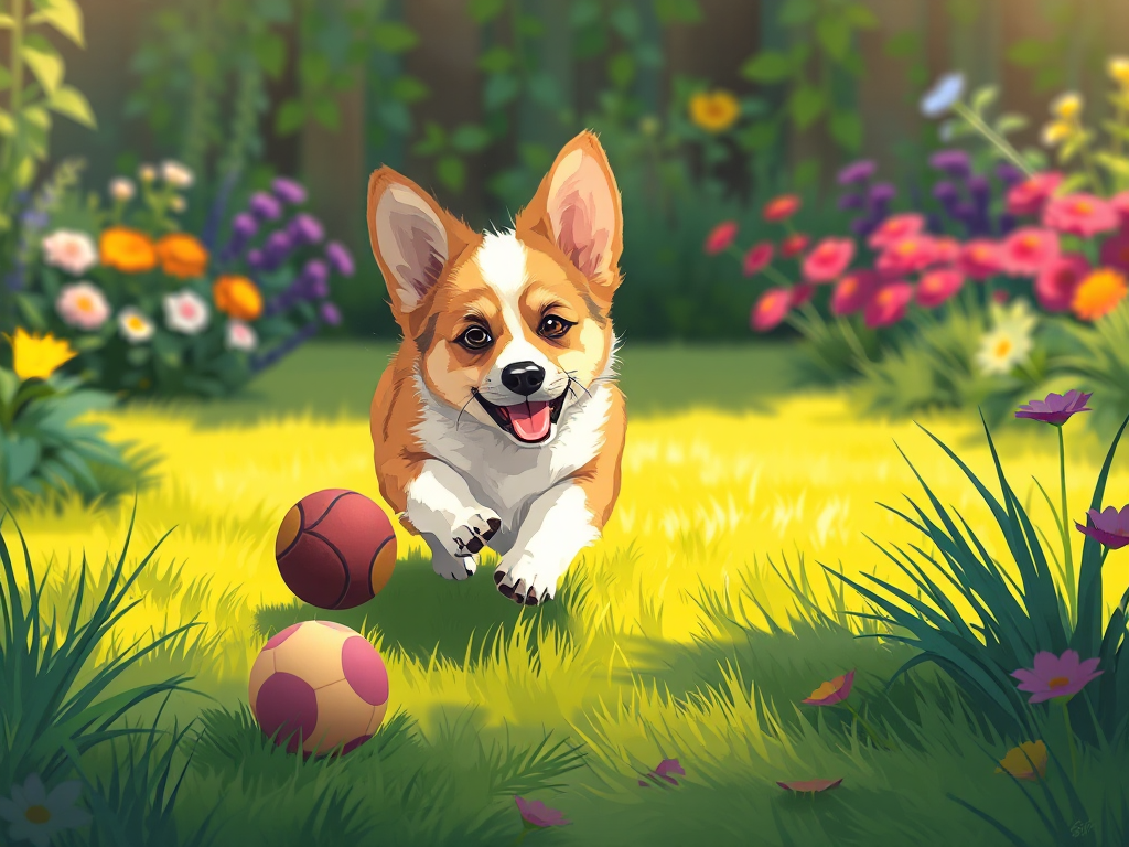 A Welsh Corgi puppy with perky ears chasing a tennis ball across a green lawn under a blue sky, illustrated in a vibrant cartoon style.