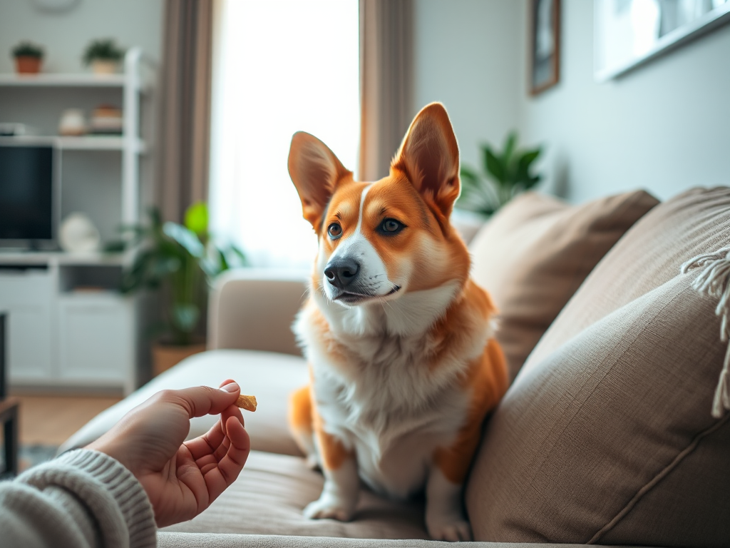 A Welsh Corgi resting quietly on a sofa in a modern apartment, demonstrating how barking can be managed for apartment living A Welsh Corgi resting quietly on a sofa in a modern apartment, demonstrating how barking can be managed for apartment living