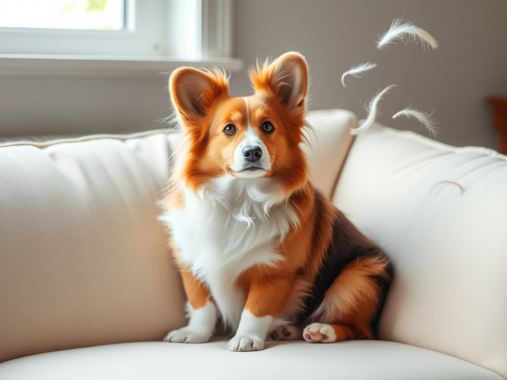 A Welsh Corgi shedding thick fur onto a living room sofa, illustrating the grooming challenges discussed in "What No One Tells You About Owning a Welsh Corgi A Welsh Corgi shedding thick fur onto a living room sofa, illustrating the grooming challenges discussed in "What No One Tells You About Owning a Welsh Corgi