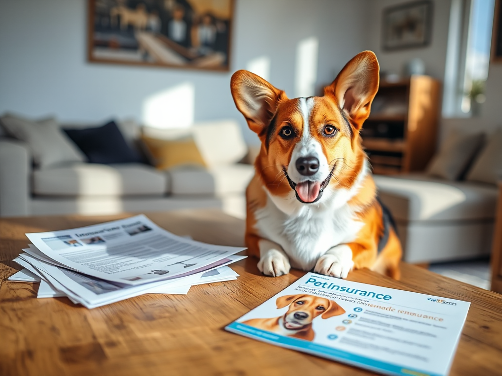 A Welsh Corgi sits beside veterinary paperwork and a pet insurance brochure on a home table, illustrating considerations for Welsh Corgi pet insurance.