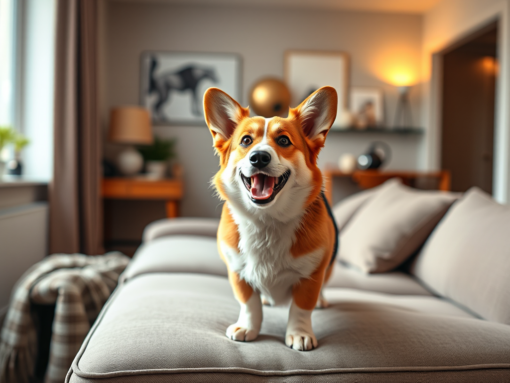 A Welsh Corgi standing alert in a small apartment living room, highlighting the breed's small size but high energy for apartment living considerations. A Welsh Corgi standing alert in a small apartment living room, highlighting the breed's small size but high energy for apartment living considerations.