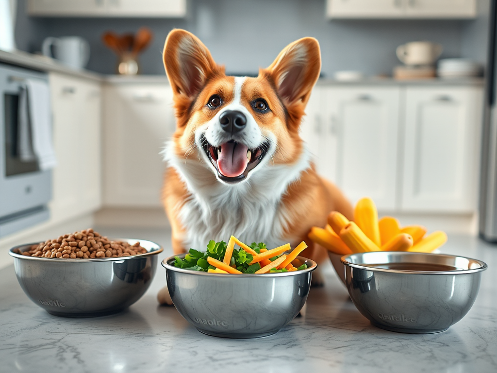 A Welsh Corgi surrounded by bowls of dry kibble, fresh ingredients, and wet food in a kitchen, illustrating the best dog food for Welsh Corgis vet-recommended picks.