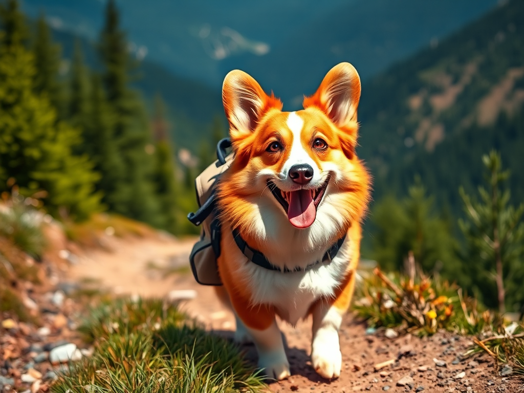 A Welsh Corgi wearing a hiking backpack walks on a forest trail, exploring the outdoors as a potential hiking companion dog.