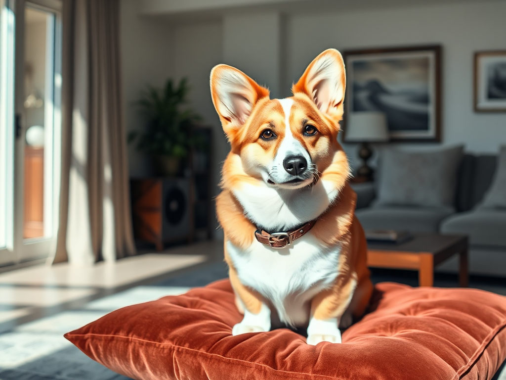 A Welsh Corgi with a pedigree certificate and luxury collar on a velvet cushion in a bright living room, illustrating why they are so expensive. A Welsh Corgi with a pedigree certificate and luxury collar on a velvet cushion in a bright living room, illustrating why they are so expensive.