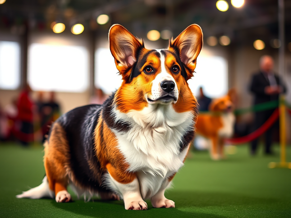 A Welsh Corgi with rare coat patterns in a professional dog show setting, showcasing its champion bloodlines and pedigree standards. A Welsh Corgi with rare coat patterns in a professional dog show setting, showcasing its champion bloodlines and pedigree standards.