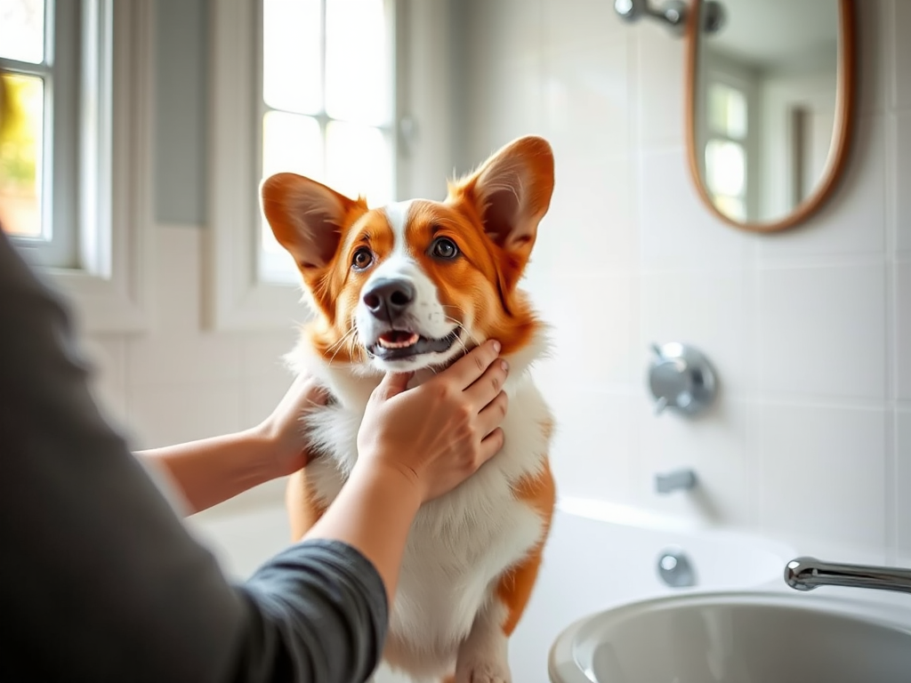A woman brushing a Welsh Corgi's fur with a slicker brush during a home grooming session, showcasing step-by-step care.
