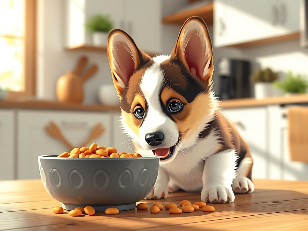 Adorable Corgi puppy eating best puppy food for Corgis from a bowl in a cozy kitchen with natural light, representing optimal nutrition for young dogs. Adorable Corgi puppy eating best puppy food for Corgis from a bowl in a cozy kitchen with natural light, representing optimal nutrition for young dogs.