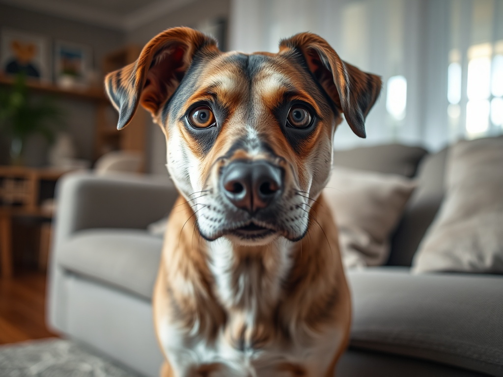 Anxious dog with tense posture and wide-eyed stare in a living room with a damaged pillow, illustrating "Why does my dog stare at me? Anxious dog with tense posture and wide-eyed stare in a living room with a damaged pillow, illustrating "Why does my dog stare at me?