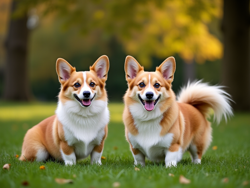 Cardigan Welsh Corgi vs Pembroke showing size, coat, and tail differences. Cardigan has longer coat and bushy tail, Pembroke shorter coat and docked tail, both standing in grass.