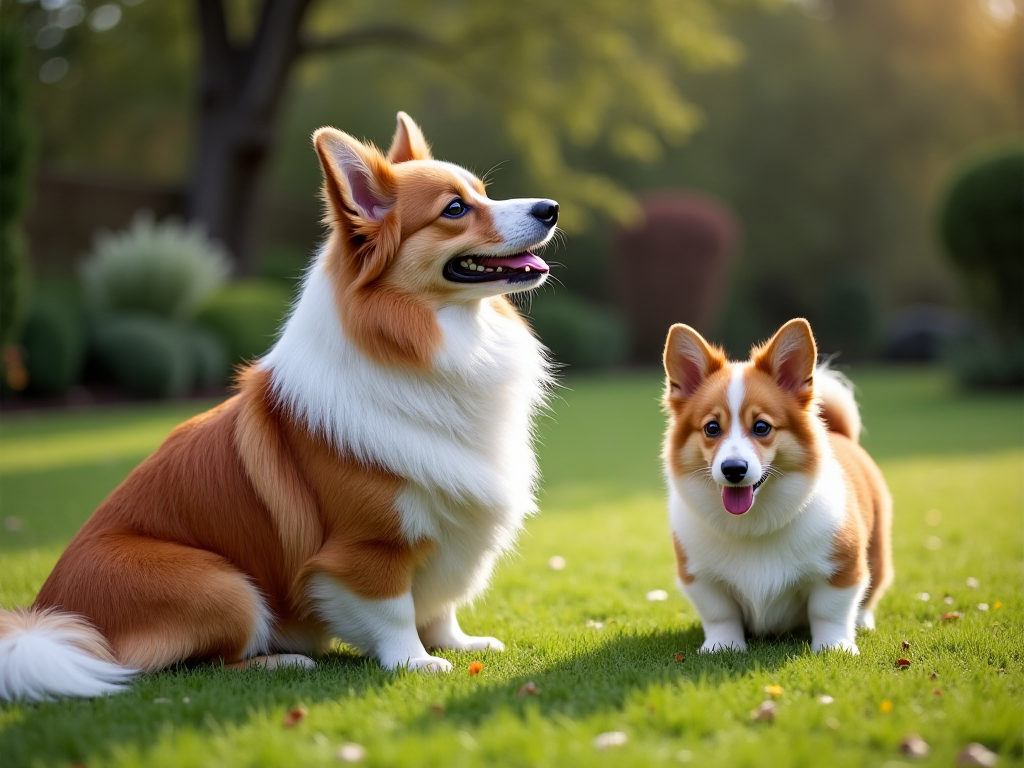 Cardigan Welsh Corgi vs Pembroke: Size, Coat & Tail Differences illustrated with two corgis in a garden, showing physical traits and contrasting temperaments.