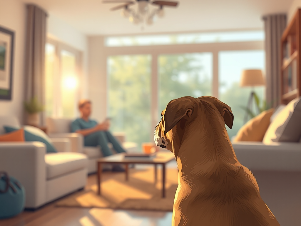 Close-up of a dog's focused gaze on a person in a cozy home interior, soft natural light, comfortable setting, digital art. Close-up of a dog's focused gaze on a person in a cozy home interior, soft natural light, comfortable setting, digital art.