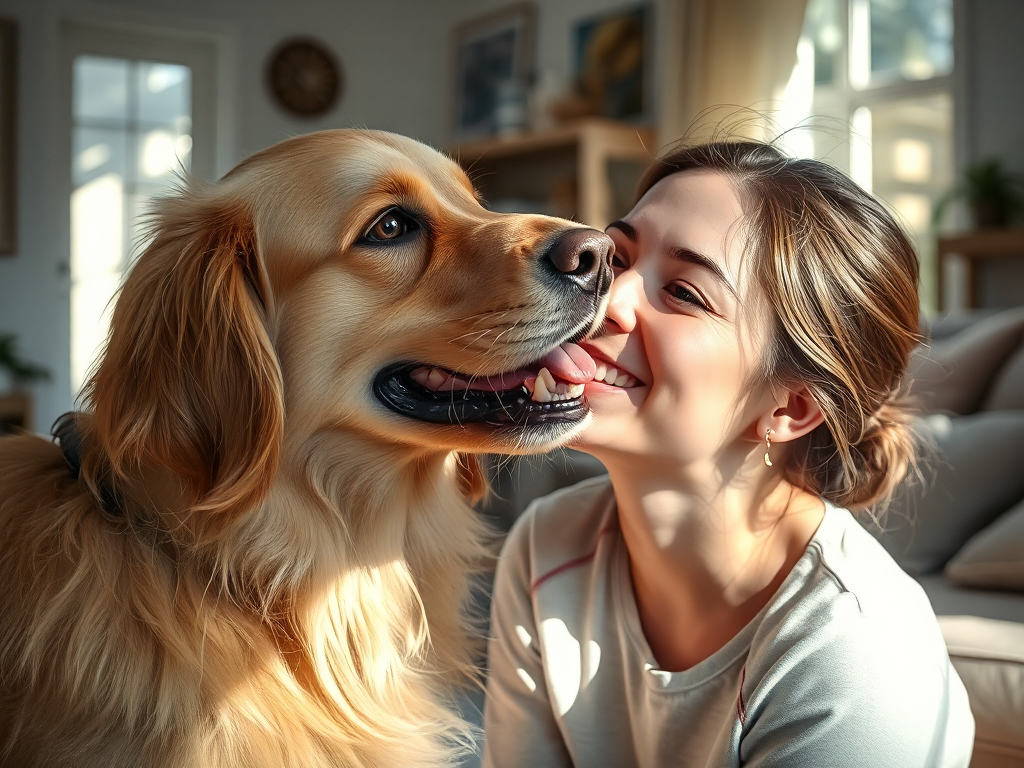 Close-up of a happy dog licking a person's face in a bright home setting, showing common affectionate canine behavior and bonding.