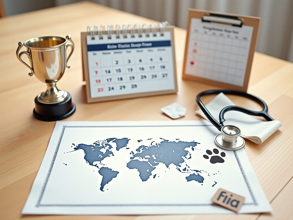 Collection of items like a trophy, map, and health certificate representing key factors affecting Welsh Corgi puppy prices, arranged neatly on a wooden table.