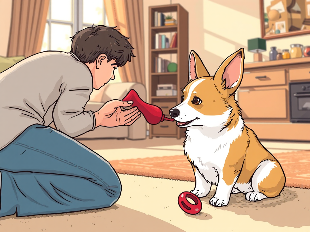 Corgi dog distracted from ankle-biting by owner with chew toy, illustrating immediate stop to herding behavior in a home setting.