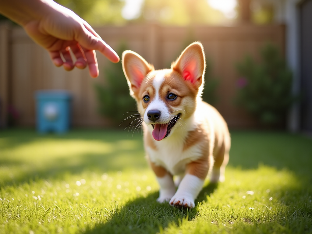 Corgi puppy being guided to outdoor potty spot by owner's hand signal in backyard, illustrating fast potty training method for puppies