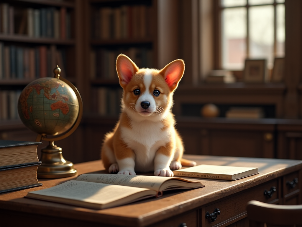 Corgi puppy in a cozy study room with closed antique books and a globe, soft daylight filtering through a window, for an article about the word corgi