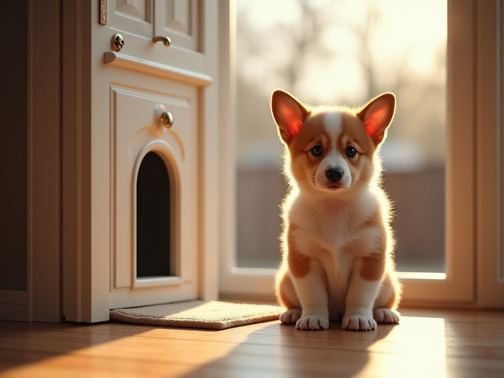Corgi puppy sitting by a doggy door with a pee pad in a bright living room, demonstrating fast potty training methods for a quick housebreaking process