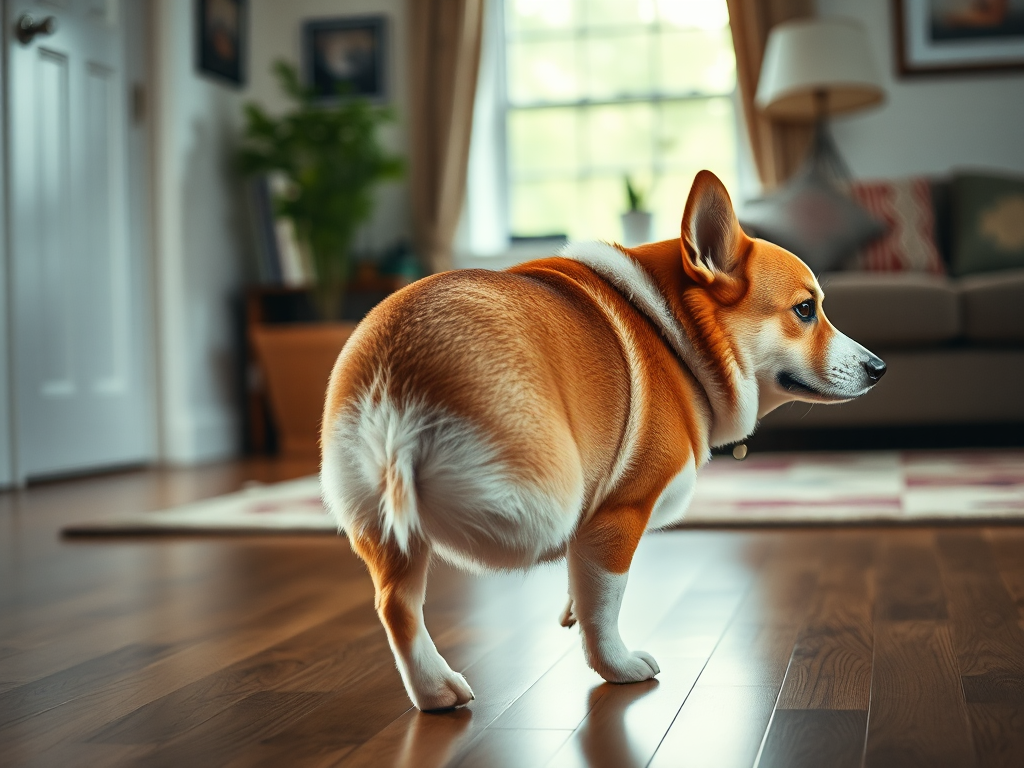 Corgi with a curved spine and cautious movement on a home carpet, illustrating symptoms of IVDD in corgis.