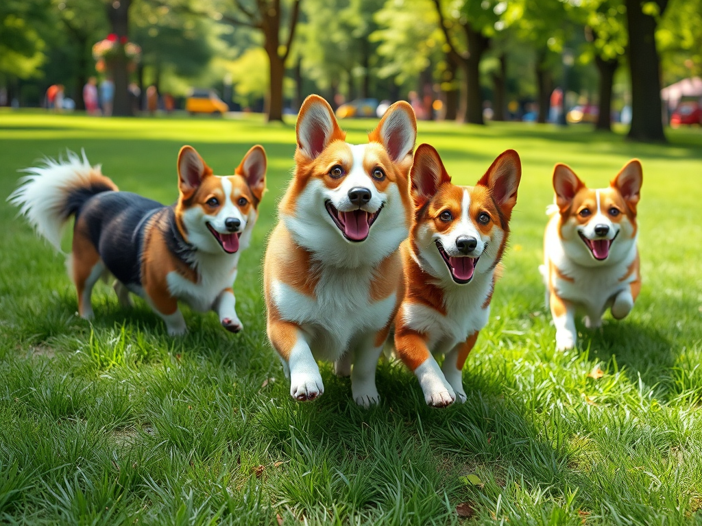Corgis with short legs and fluffy butts posing adorably in a park setting, illustrating their unique appearance that makes them popular on the internet Corgis with short legs and fluffy butts posing adorably in a park setting, illustrating their unique appearance that makes them popular on the internet