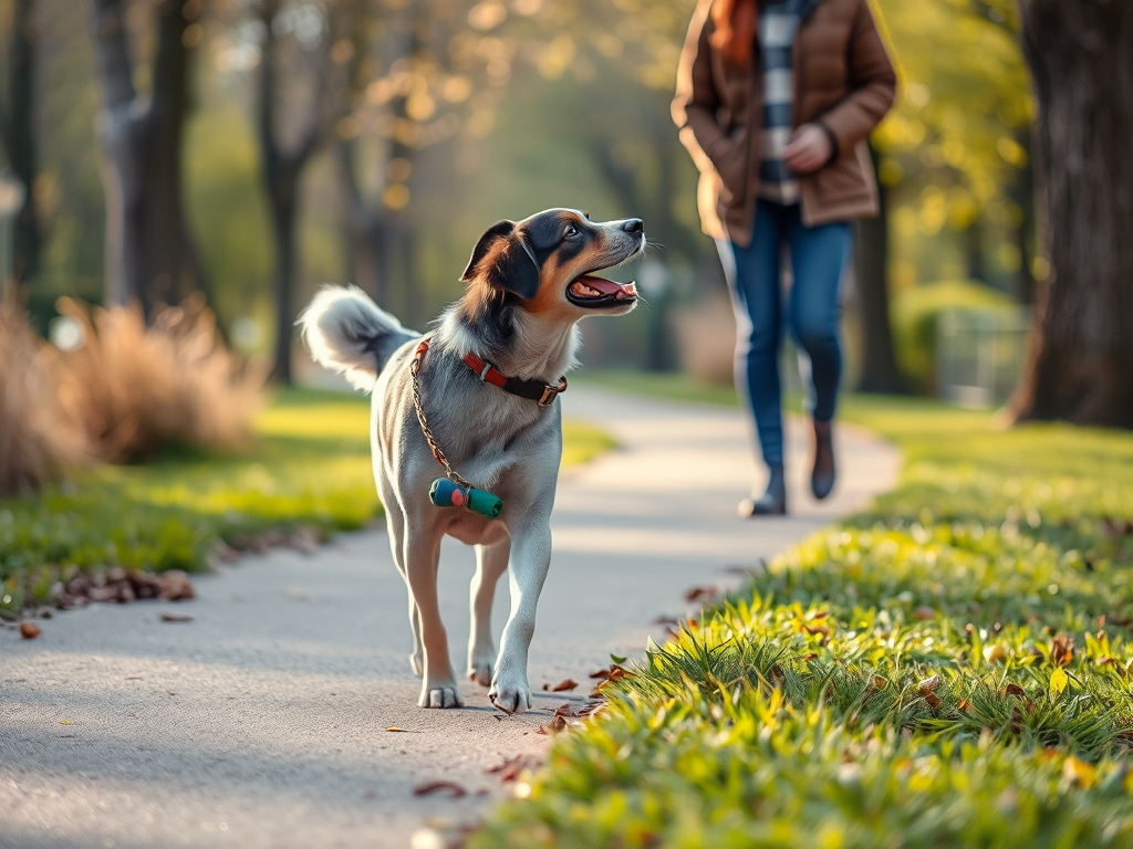 Dog owner using toy to redirect dog from grass during walk, addressing why dogs eat grass with safe management Dog owner using toy to redirect dog from grass during walk, addressing why dogs eat grass with safe management
