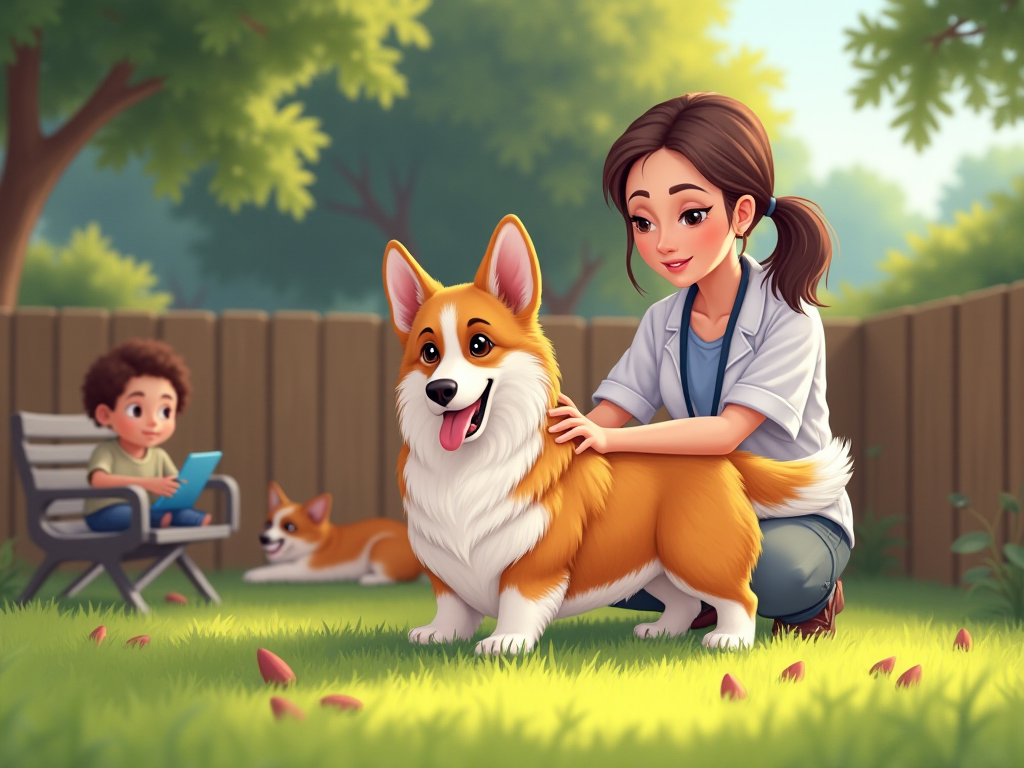 Illustration for 'How to Choose a Reputable Welsh Corgi Breeder' depicting a potential buyer interacting with a Welsh Corgi in a clean outdoor kennel setting.