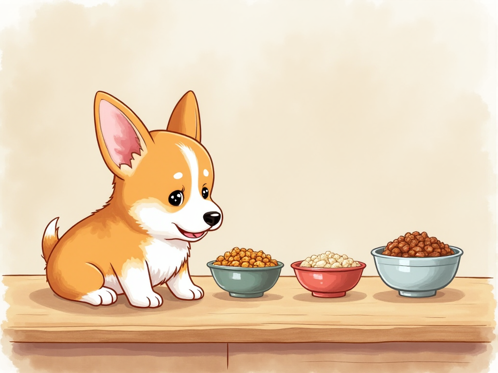 Illustration of a Corgi puppy eating from a food bowl, surrounded by smaller and larger bowls representing meal portions from eight weeks to one year. Illustration of a Corgi puppy eating from a food bowl, surrounded by smaller and larger bowls representing meal portions from eight weeks to one year.