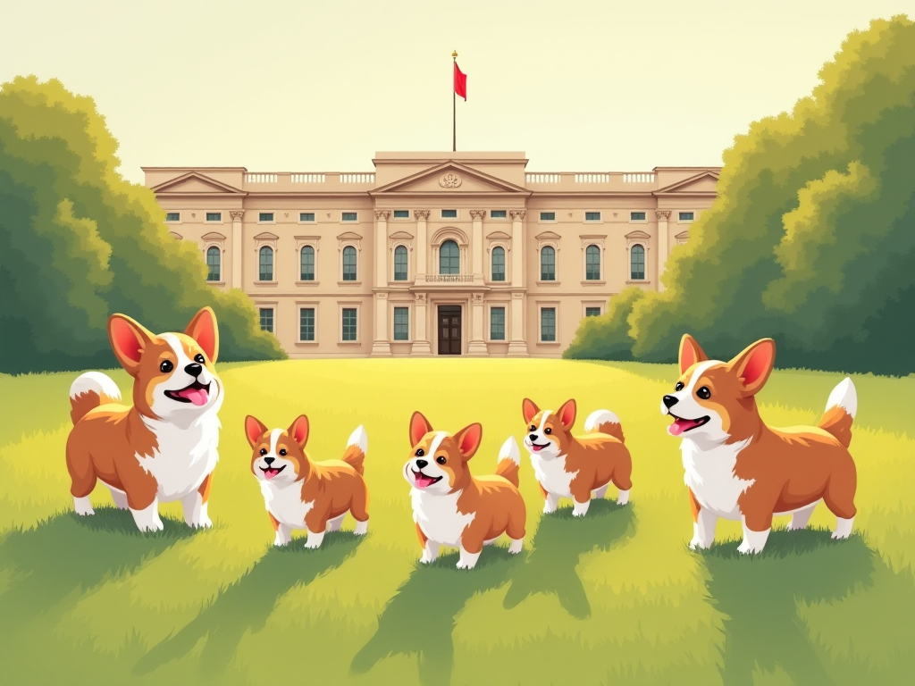 Numerous corgis of different ages playing in a royal palace garden, representing the breeding legacy that led Queen Elizabeth to own over 30 corgis. Numerous corgis of different ages playing in a royal palace garden, representing the breeding legacy that led Queen Elizabeth to own over 30 corgis.