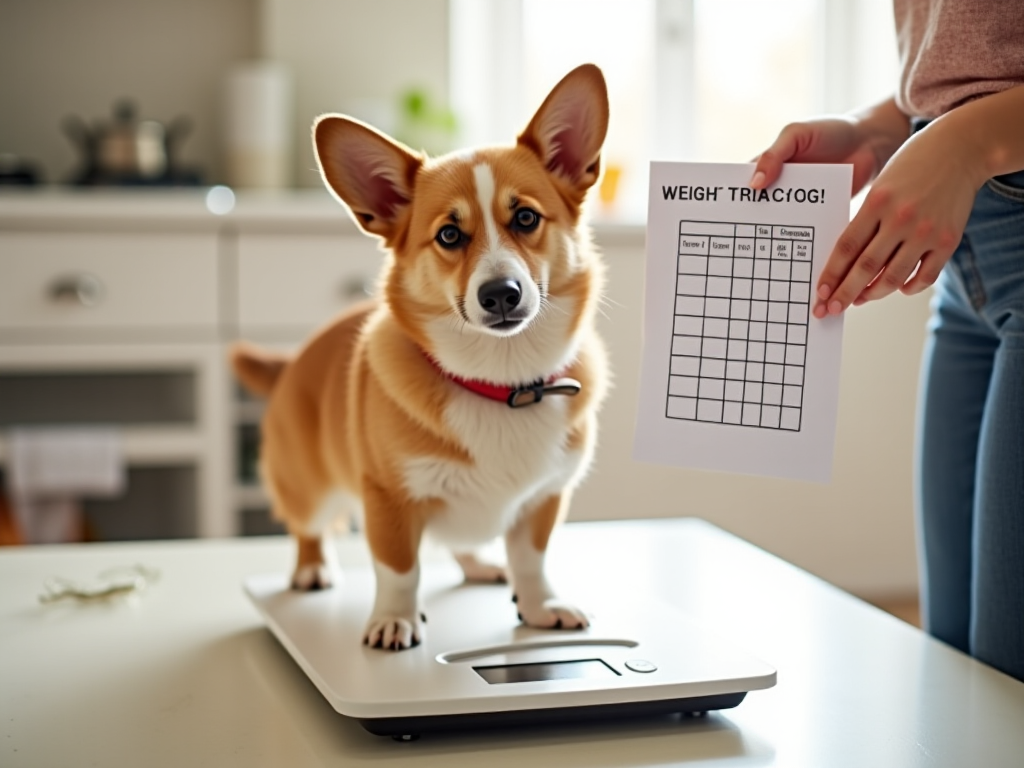 Overweight corgi being weighed on a scale with a weight tracking chart, illustrating safe weight loss progress for pet owners. Overweight corgi being weighed on a scale with a weight tracking chart, illustrating safe weight loss progress for pet owners.