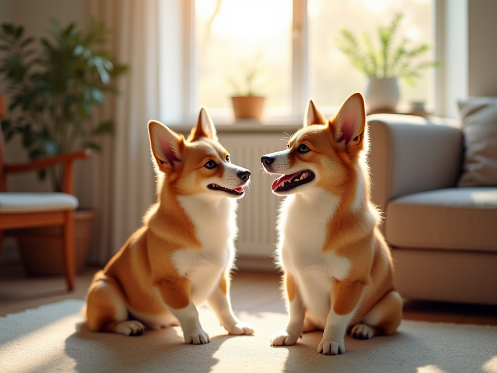Owner training a corgi to stop excessive barking using positive reinforcement in a bright home living room