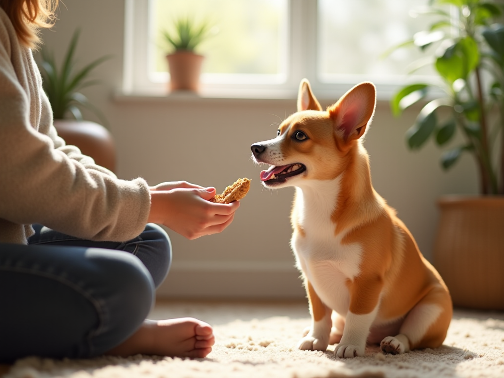 Owner training corgi to stop excessive barking with positive reinforcement, corgi sitting quietly in a cozy home living room during a session. Owner training corgi to stop excessive barking with positive reinforcement, corgi sitting quietly in a cozy home living room during a session.