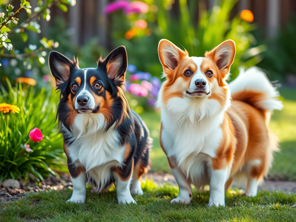 Pembroke vs Cardigan Welsh Corgi comparison image showing distinct physical traits in size and tail, set in a garden for breed illustration Pembroke vs Cardigan Welsh Corgi comparison image showing distinct physical traits in size and tail, set in a garden for breed illustration
